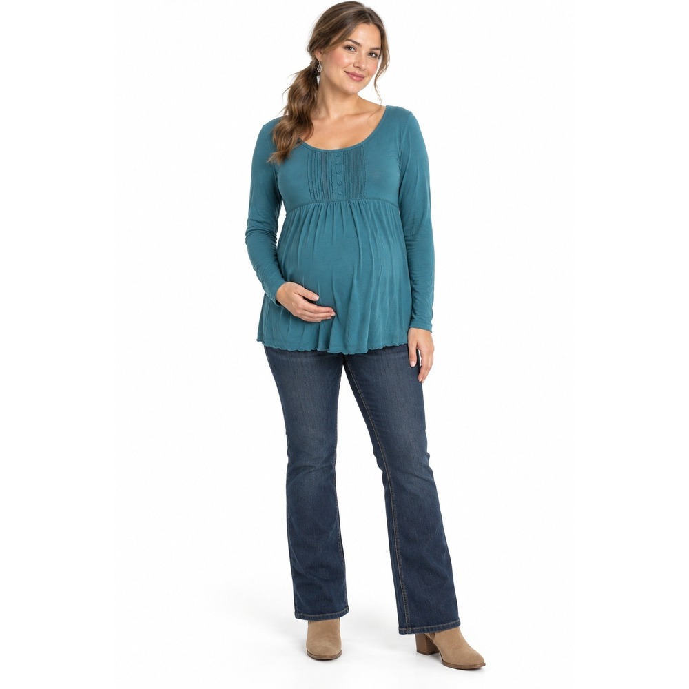 Y2K Maternity Babydoll Top XL Teal Pintuck Henley Tie Back Boho Romantic